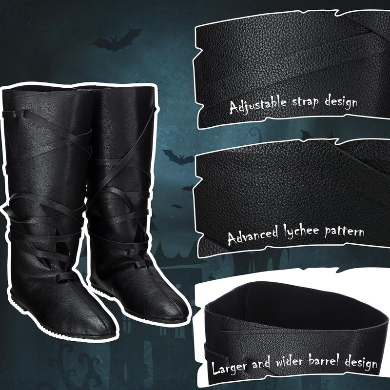 Blosssound Men's Medieval Halloween Boots Renaissance Cosplay Halloween Boots Black Faux Leather Lace Up Shoes - Image 3